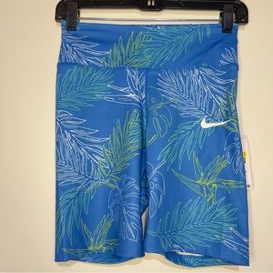 Nike One Tight Fit 7” Biker Shorts Blue Floral Palm Leaf Size Small NWT